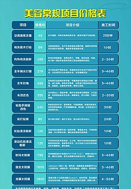 汽車(chē)美容價(jià)格表圖片